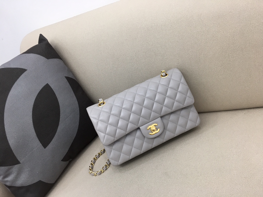 Medium Classic Flap Lambskin Bag AO1112 Gray/Gold